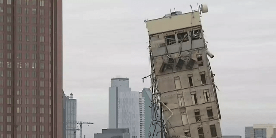 A failed demolition on Sunday morning has left a building with a distinctive tilt — earning the nickname, "The leaning tower of Dallas."